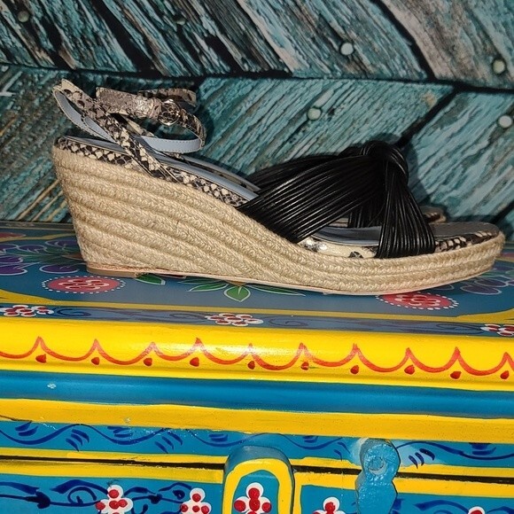 Frances Valentine NIB Size 10 Black Snake Print Leather Espadrille Sandals - Picture 2 of 12